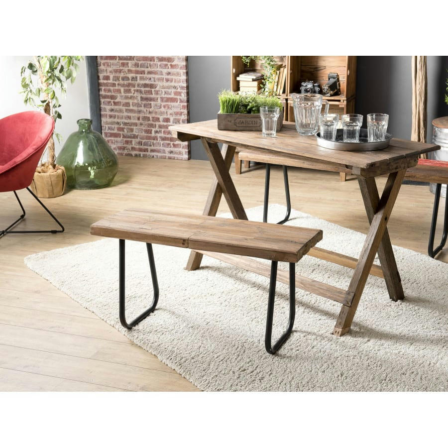 NOLAN - Banc esprit brocante en teck et pieds métal L90