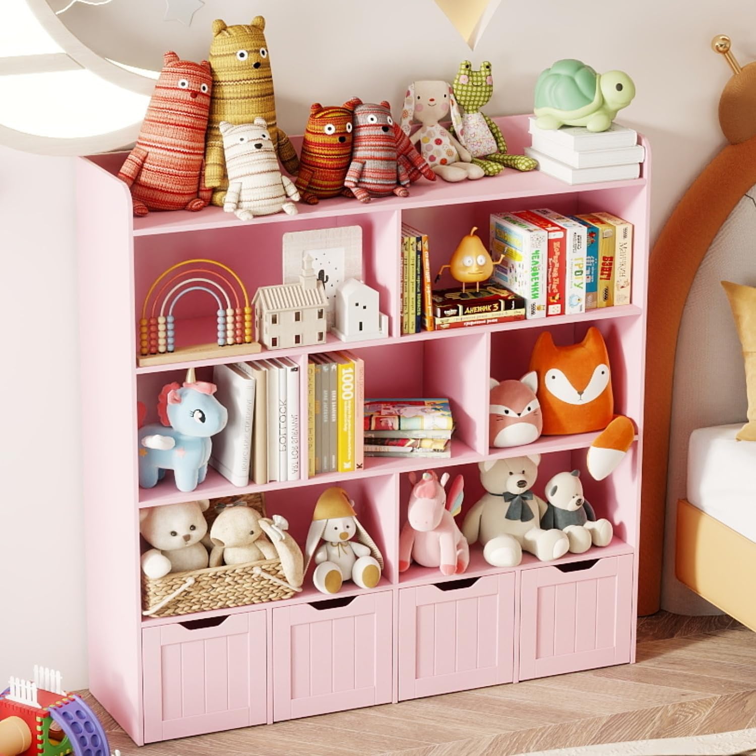 Gizoon Toy Storage Cabinet and Kids Bookcase with 4 Movable Drawers and 8 Open Shelves Toy Chest Shelf Organizer with Hidden Wheels for Playroom Nursery Kids Room, Pink
