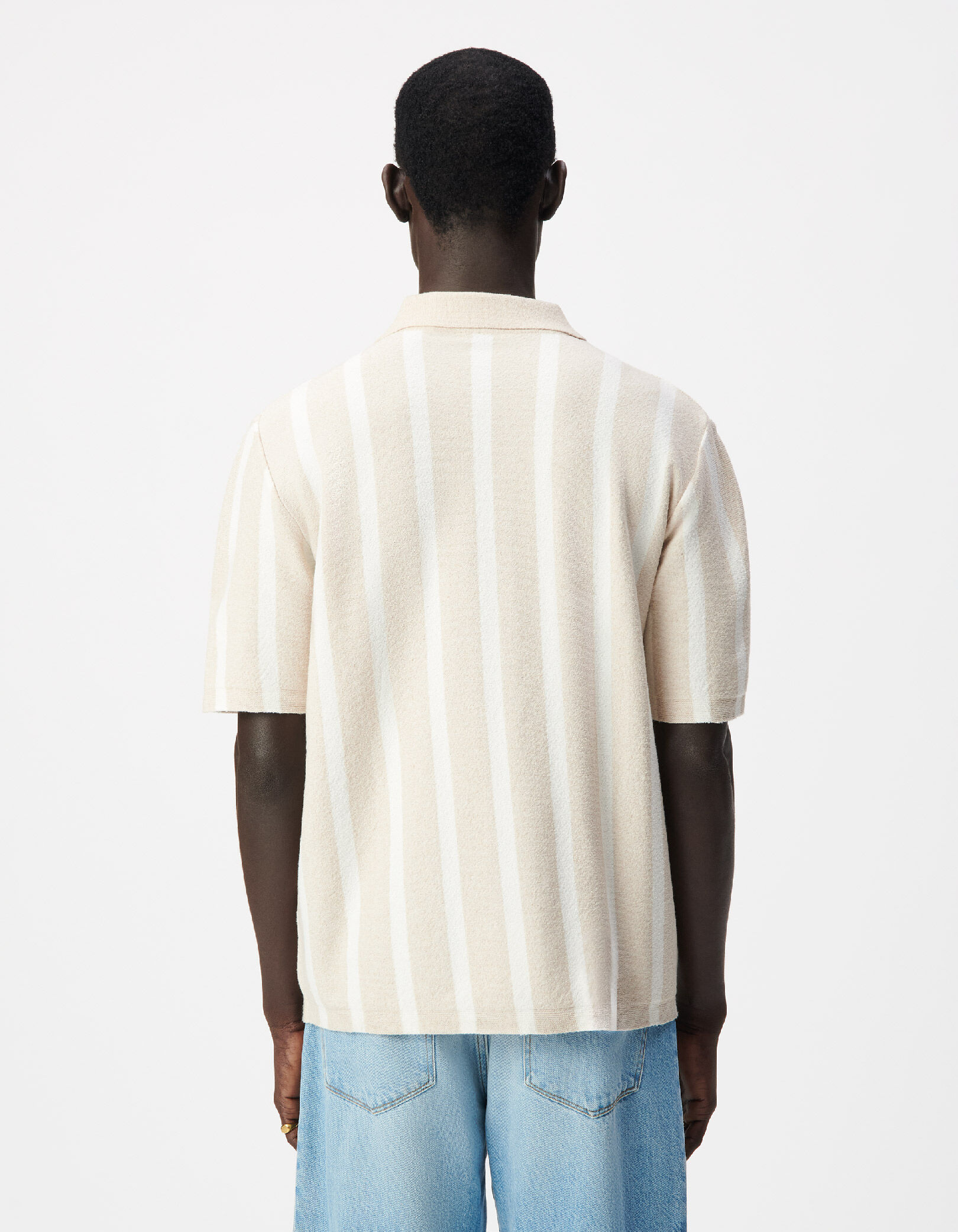 Chemise manches courtes beige tricot larges rayures Homme