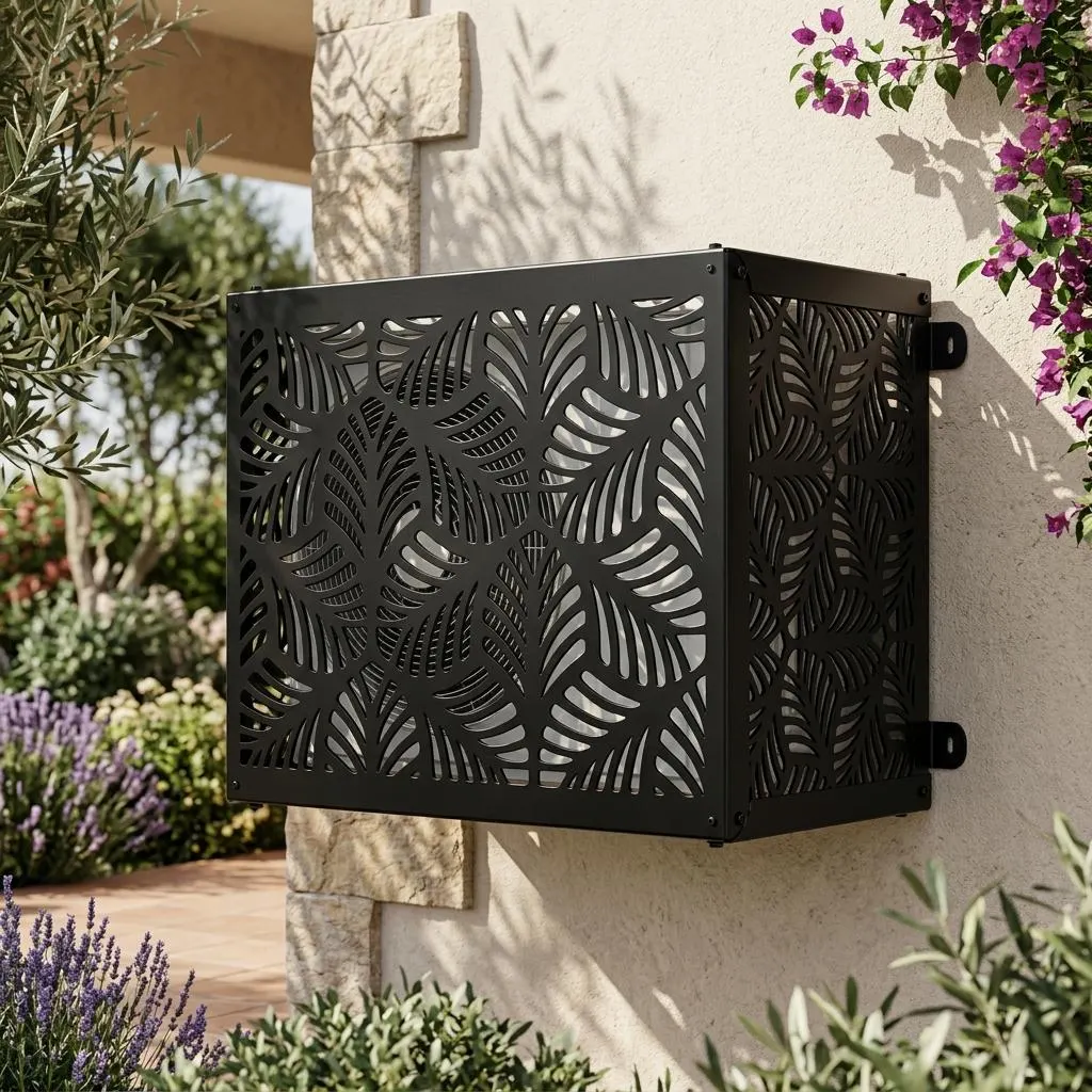 Botanical Metal Air Conditioner Cover, Decorative AC Screen, Outdoor Privacy Screen, Heat Pump Cover, Leaf Pattern Metal Wall Decor