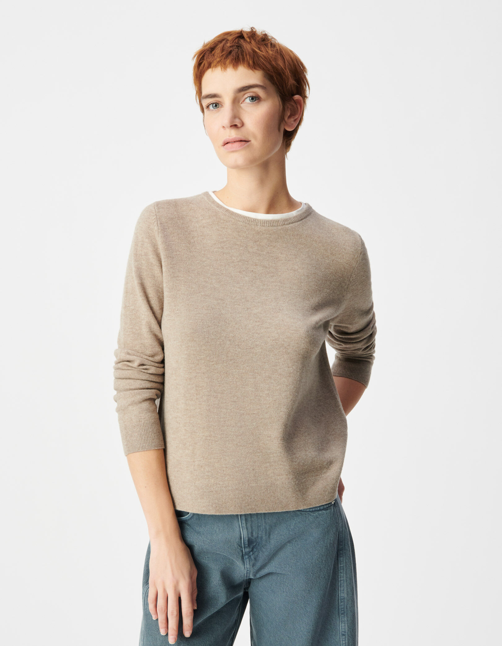 Pull laine beige tricot col trompe-l'oeil Femme