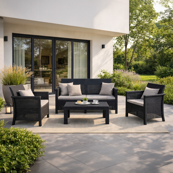 Zestaw Ogrodowy Sofa 2os 2 Fotele Stolik Kawowy Technorattan Czarny Taras