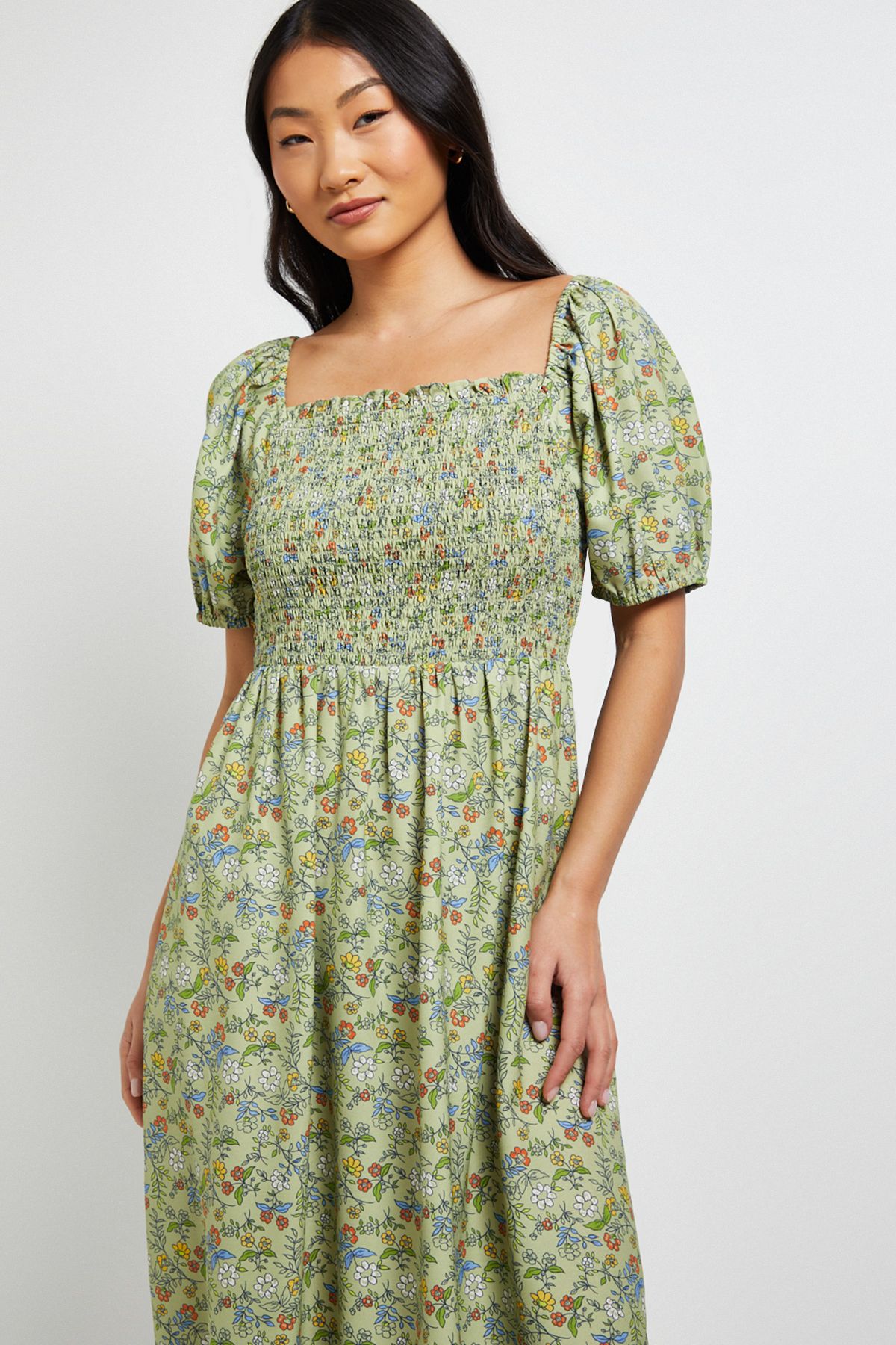 Dorothy Perkins Petite Green Ditsy Shirred Bodice Puff Sleeve Midi Dress