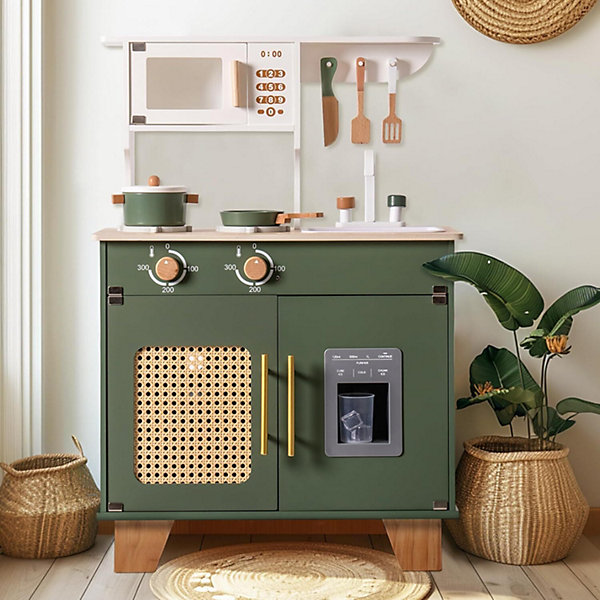 Cuisine jouet rétro en bois pour enfants, avec micro-ondes, distributeur de glaçons, vert vintage, de 3 à 8 ans