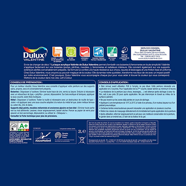 Laque Valénite Dulux Valentine Acrylique satin blanc gris saline 2L