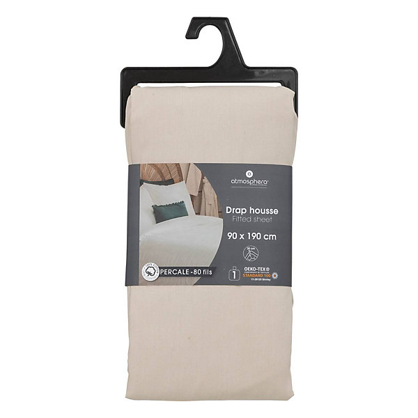 Drap-housse - percale - beige lin - 90x190 cm - Atmosphera