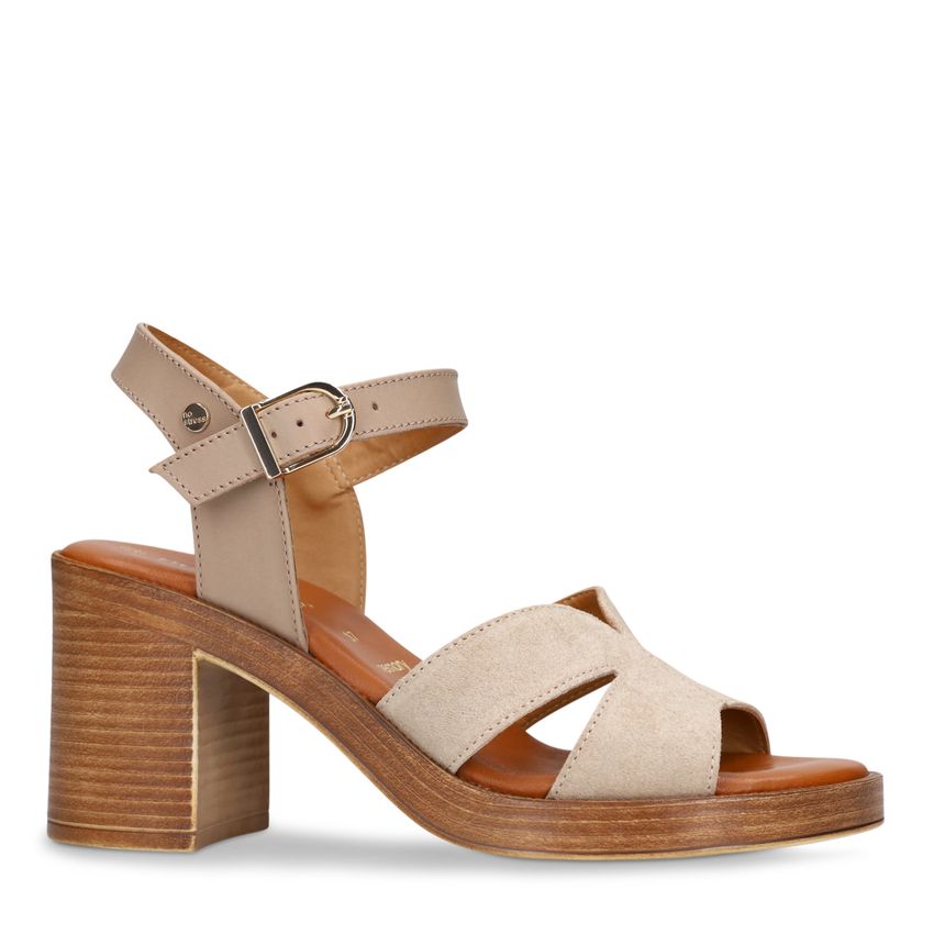 No Stress Beige suède sandalen met blokhak