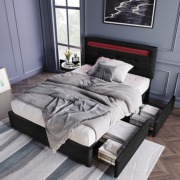 Lit avec rangement 90x200 cm - Lit simple capitonné avec LED et 2 tiroirs - Bois massif   Lin   Métal - Sans Matelas - Noir