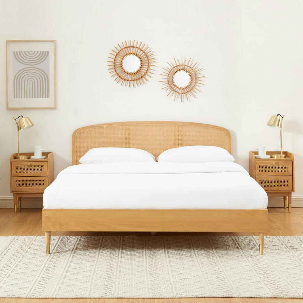 BOMBONG - Lit en bois et cannage 160x200cm bois clair