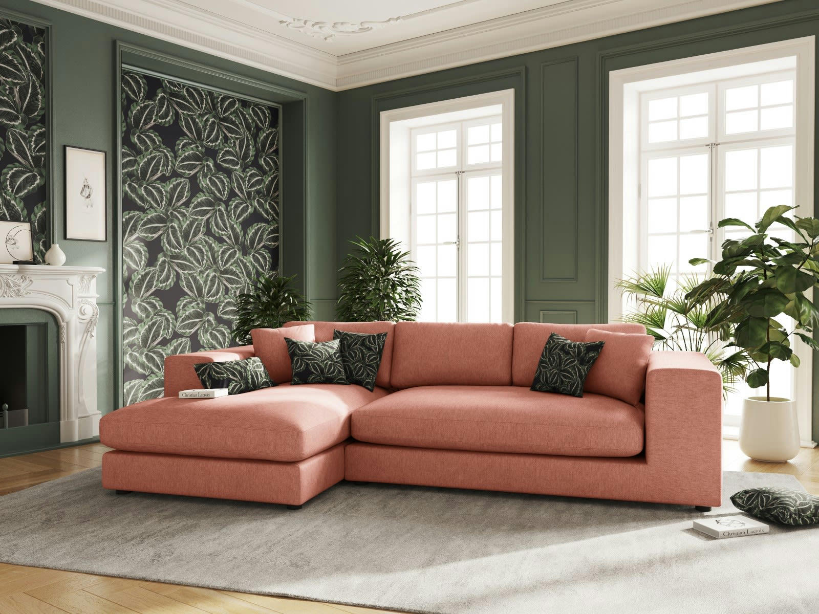 TENDANCE - Canapé d'angle 5 places en tissu structuré rouge