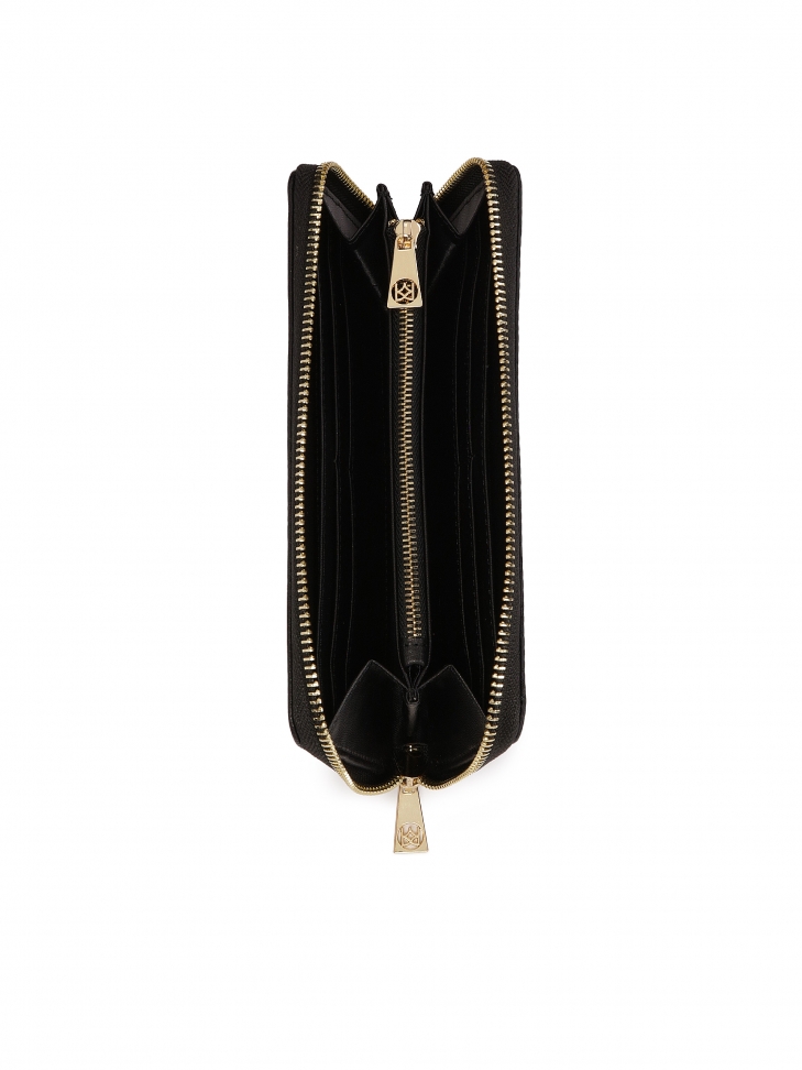 Black zip wallet with embossed KAZAR monograms