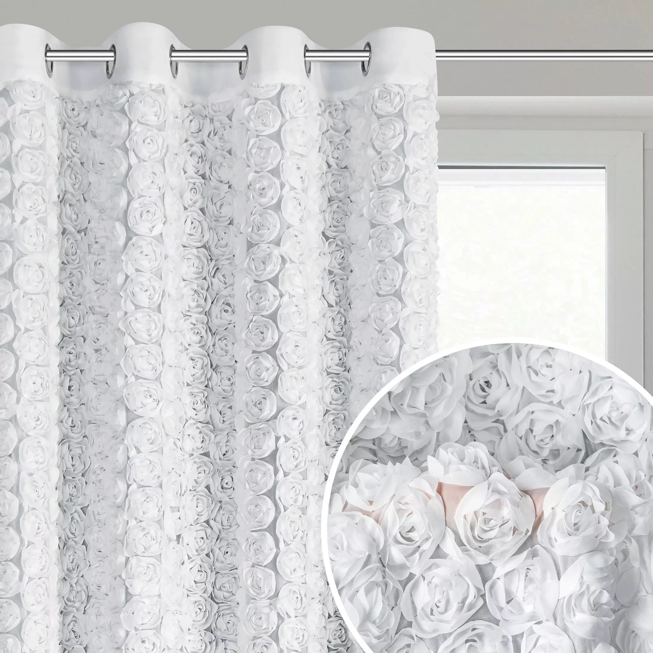 Zasłona biała z szyfonu zdobiona różami 3D 140x250 cm przelotka - ROSES Eva Minge
