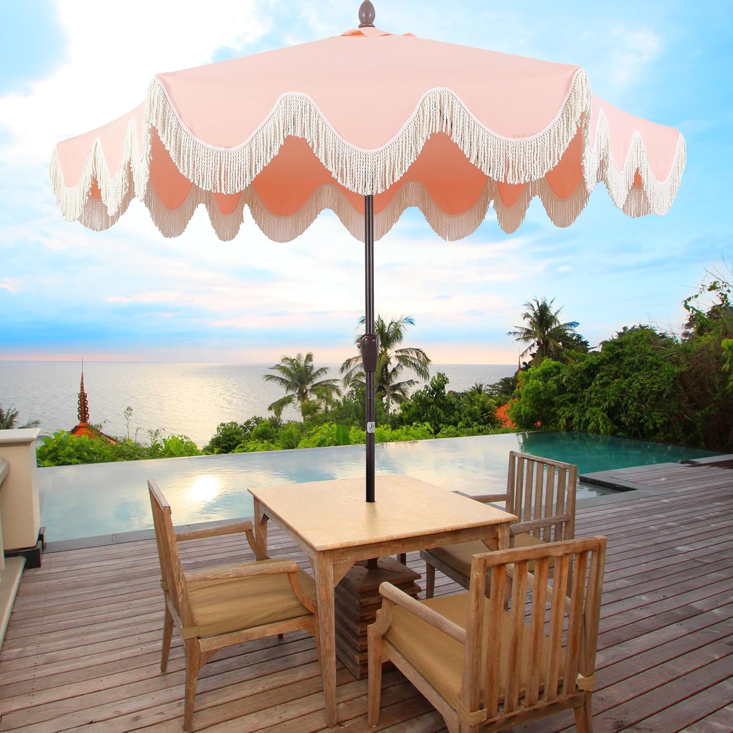 JONATHAN Y UMB1001 Collins 9 ft. Classic Cottage Tassel Market Patio Umbrella with Auto-Tilt  Crank  Wind Vent and UV Protection