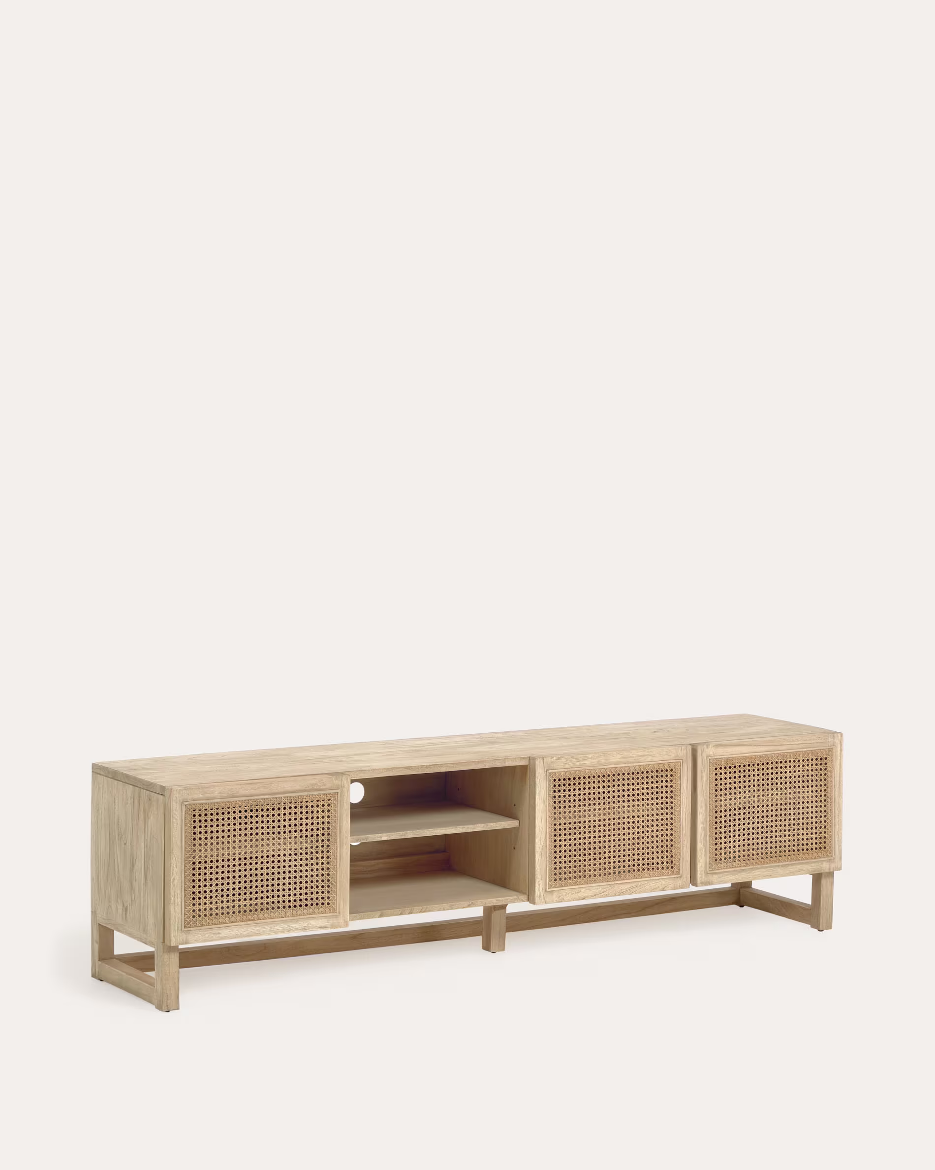 Mueble TV Rexit 3 puertas de madera maciza y chapa de mindi con ratán 180 x 50 cm