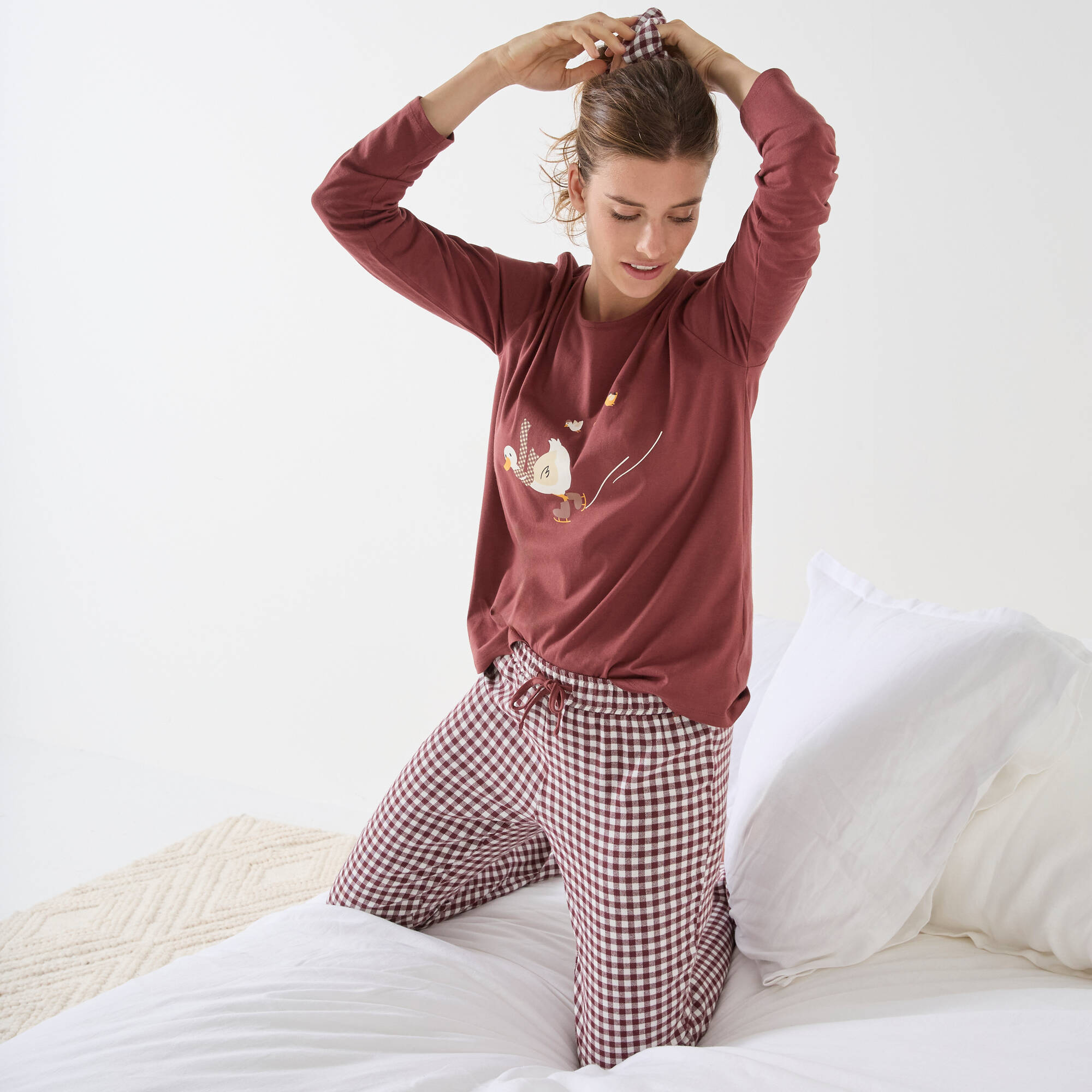 Pyjama pantalon "canards" et vichy en coton-flanelle   chouchou assorti