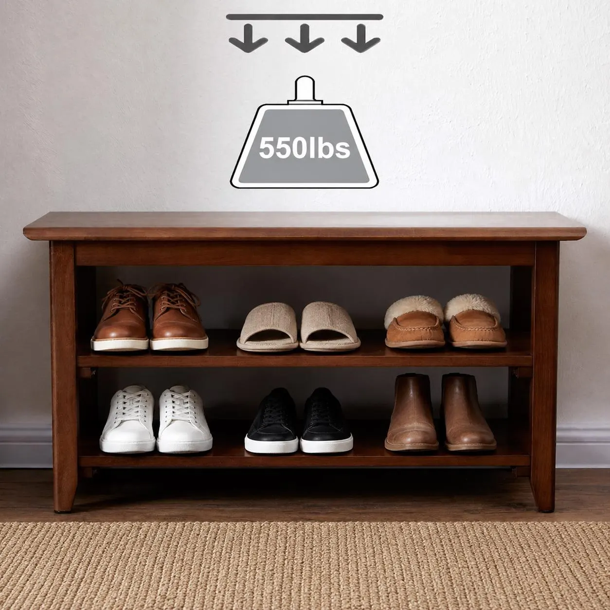 Rustic Wooden Shoe Rack Bench – 2 Tier Entryway Shelf