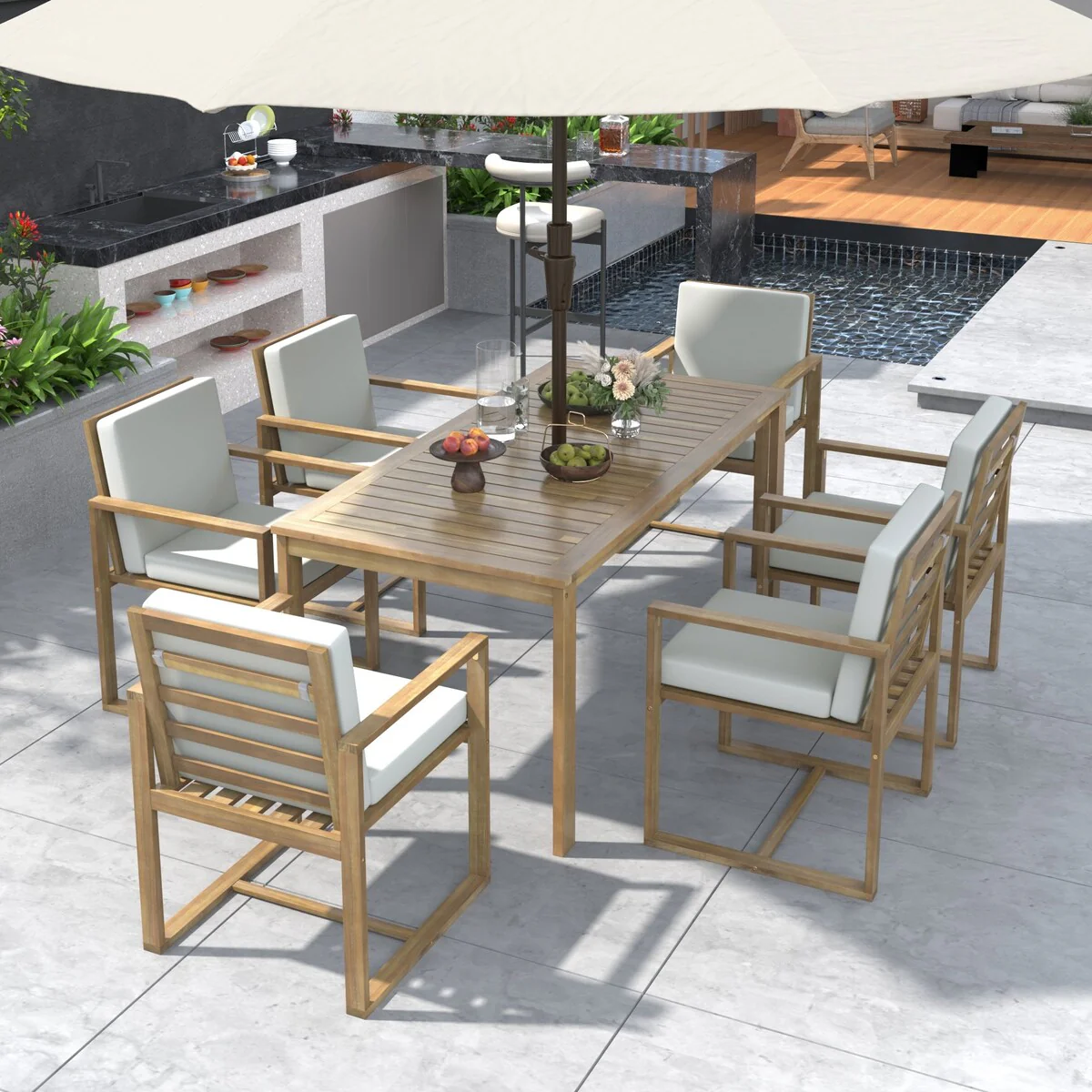 Light Teak 7-Piece Wood Outdoor Dining Set with Light Beige Grey Cushion and Umbrella Hole