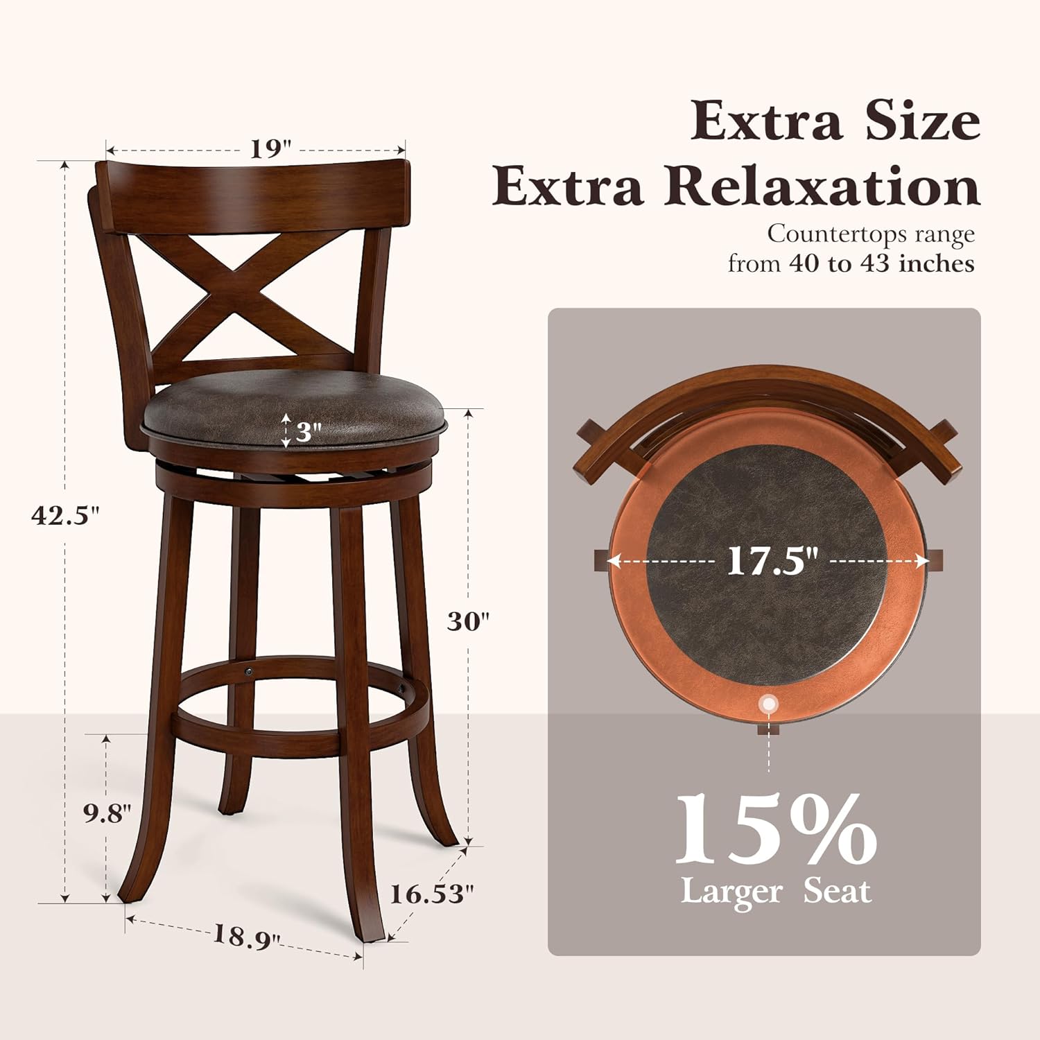 ALPHA HOME Swivel Bar Stools with Backs, 30 Inch Bar Stools Set of 2, Wooden Bar Stools, 360 Degrees Swivel Chairs with Upholstered, Wrap-Around Footrest for Pub, Kitchen, Dark Cherry/Fondant