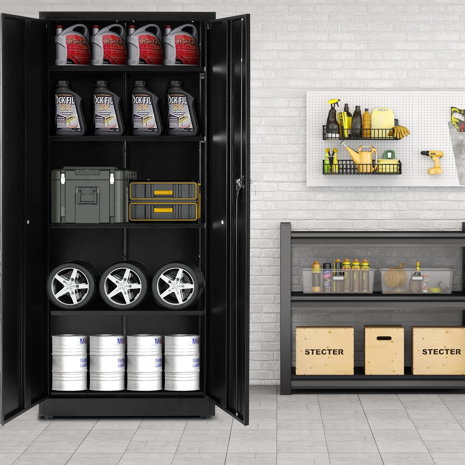 DUMOS Metal Storage Cabinet, 71 Locking Steel Storage Cabinet with 2 Doors and 5 Shelves, Tall Steel Cabinet for Garage, Home, Office, Gym,School, Black