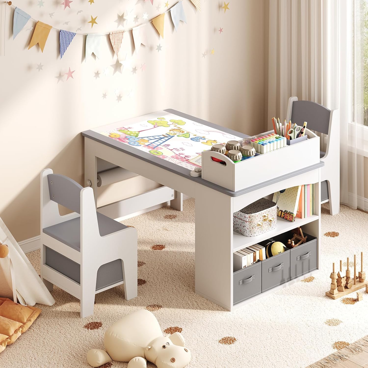 Kids Art Table and Chair Set, Wooden Toddler Activity Desk with Removable Tabletop Shelf and 5 Storage Drawers, Paper Pressing Rod & Roll Holder for Playroom, Nursery, Grey and White