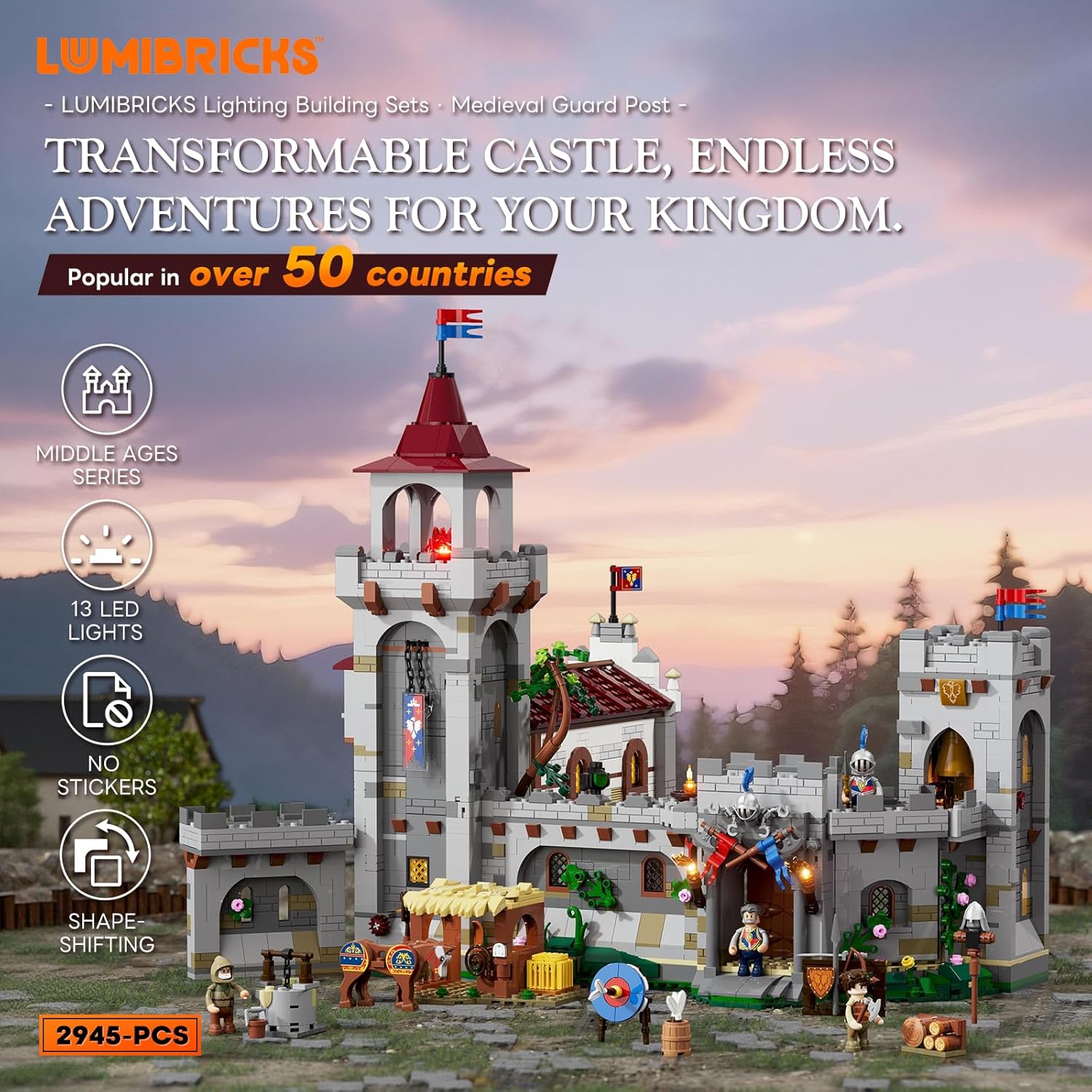 Medieval Guard Post Lighting Building Bricks Set - Middle Ages Castle Modular Collection Display Kit with Minifigures 2945 Pcs for Adults & Teens