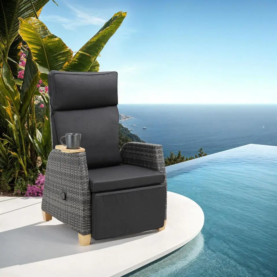 tectake Wicker Lounge Chair - Grey - Aluminium Frame - Removable Cushions