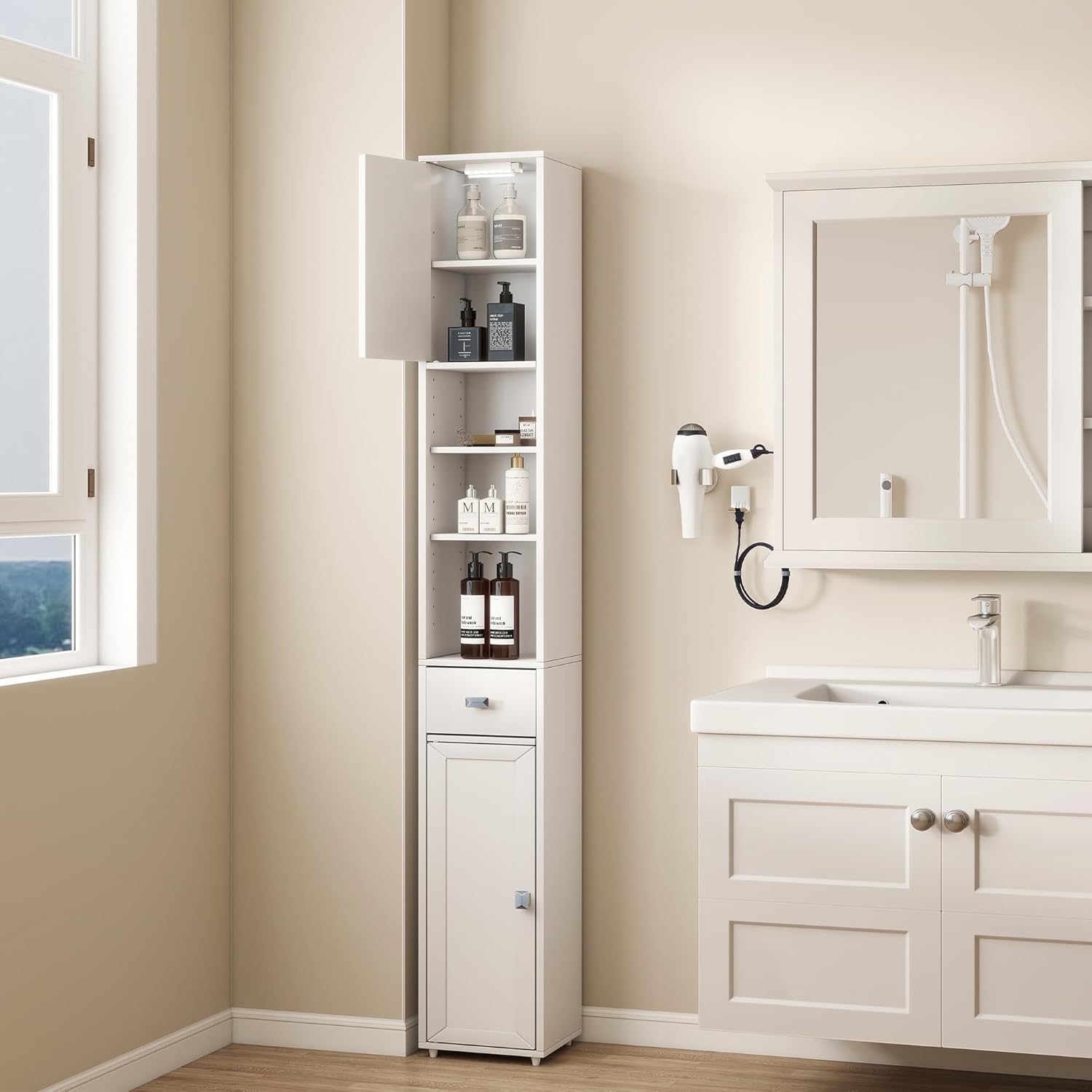 Tall Storage Cabinet, 7.9 Inch Narrow Bathroom Cabinet with USB Magnetic Light, Open Shelf, Magnetic Doors & Drawer, 5 Adjustable Shelves, Anti-Tip Kit for Small Spaces, Living Room, White, 70.9 H