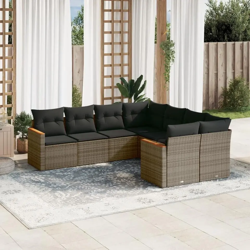 vidaXL 8-delige Loungeset met kussens & hout armsteun - Grijs - poly rattan