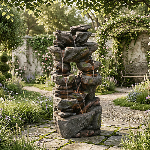 Fontaine de jardin cascade de rochers avec LED - Sculpture d'eau en résine de fibre de verre - Pompe inclus - Gris anthracite
