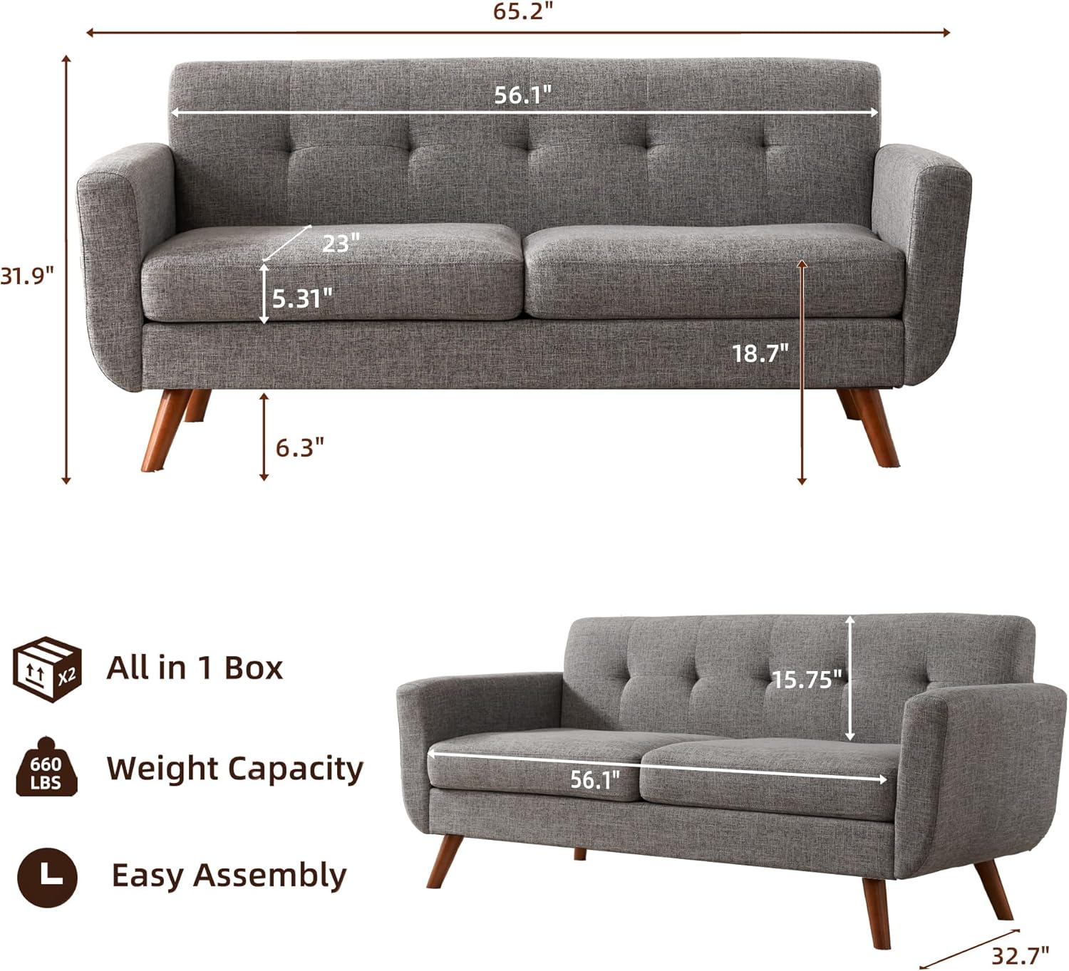 Tbfit 65 W Loveseat Sofa, Mid Century Modern Love Seat Couches for Living Room, Button Tufted Upholstered Small Couch for Bedroom, Solid and Easy to Install Love Seats Furniture, Grey | linen fabric, button tufted, solid wood foot, pocket spring, wo