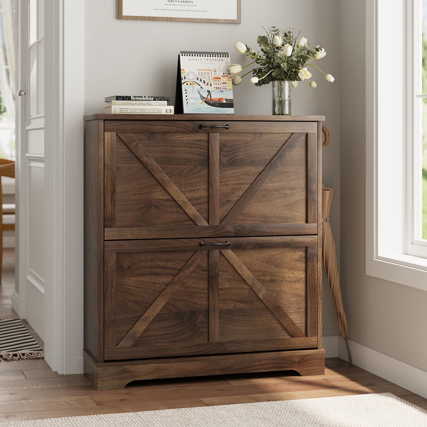 Smart FENDEE Shoe Cabinet, Shoe Storage Cabinet for Entryway with 2 Flip Drawers, Narrow Farmhouse Shoe Organizer Cabinet, Slim Shoe Rack Cabinet, 31.5in Walnut