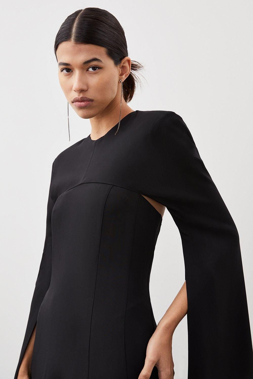 KarenMillen Premium Bonded Viscose Crepe Detachable Cape Woven Maxi Dress