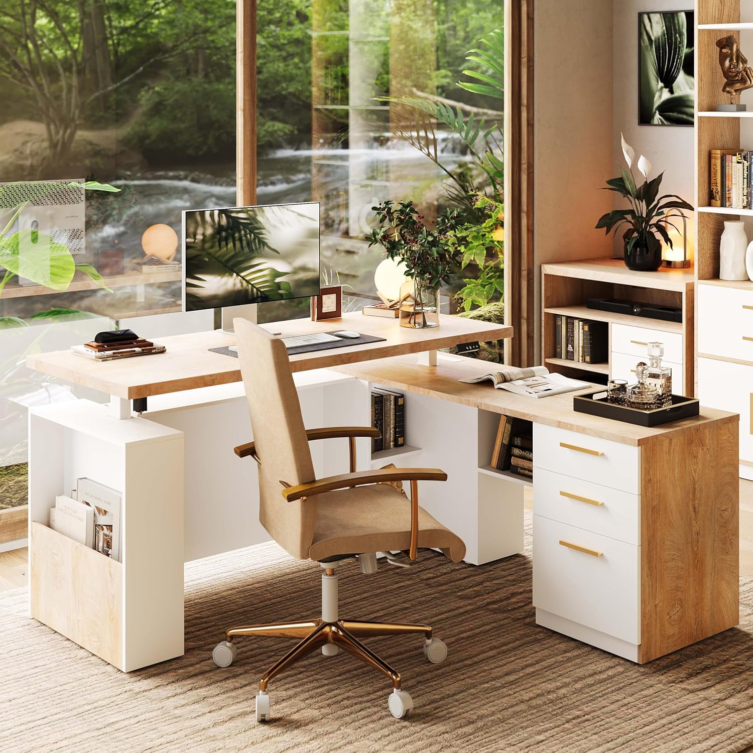 63 Standing Desk with File Cabinet, Privacy Panel, AC/USB, 1.18 Desktop, Executive L Shaped Height Adjustable Electric Stand Up Desk, Home Office Table with 3 Drawers, Light Walnut