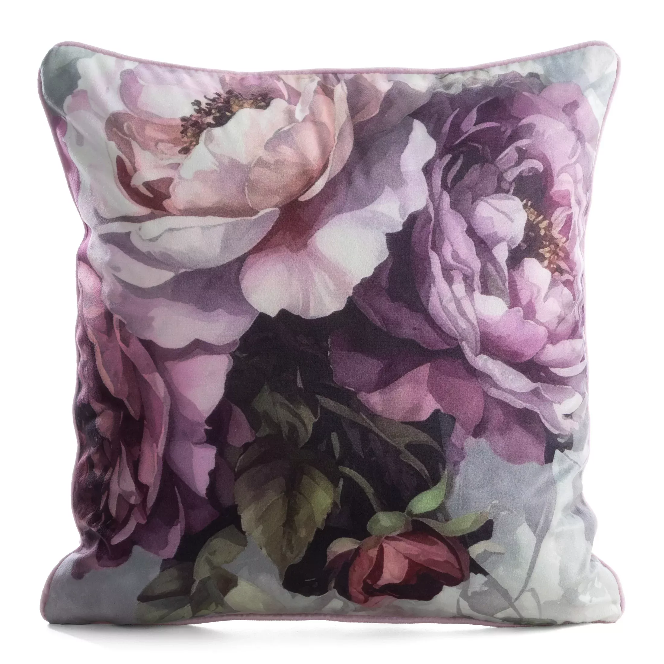 Poszewka na poduszkę 45x45 cm welwetowa różowo, fioletowa z roślinnym nadrukiem VELVET 212