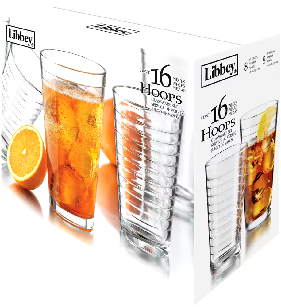 Libbey Hoops 16pc Tumbler Glassware Set, Dishwasher Safe, 8pc x 310-mL and 8pc x 466mL