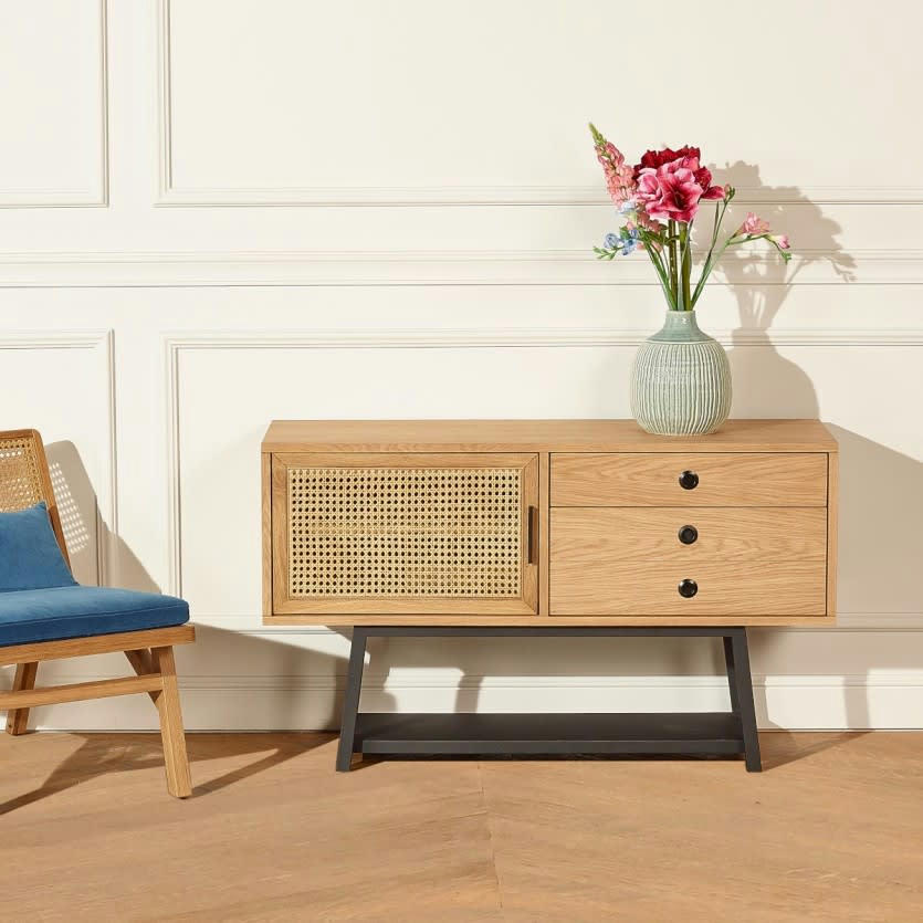 LALALA - Petit buffet enfilade en chêne cannage et métal noir mat L 120 cm