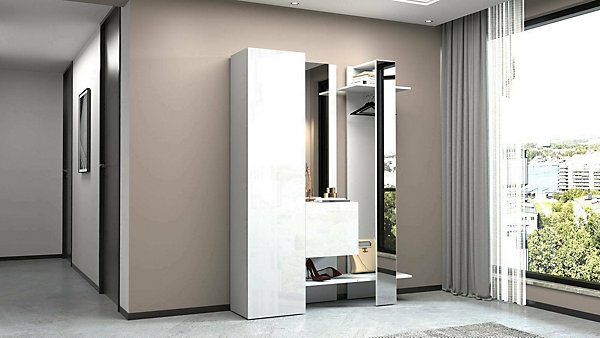 Meuble d'entrée Arabelle, Armoire multifonctionnelle avec 2 portes, Cintre mural avec 2 miroirs, 140x35h190 cm, Blanc