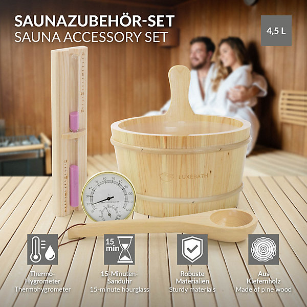 Lot 4 accessoires pour sauna LuxeBath en bois seau 4,5 L louche thermo hygromètre et sablier 15 min