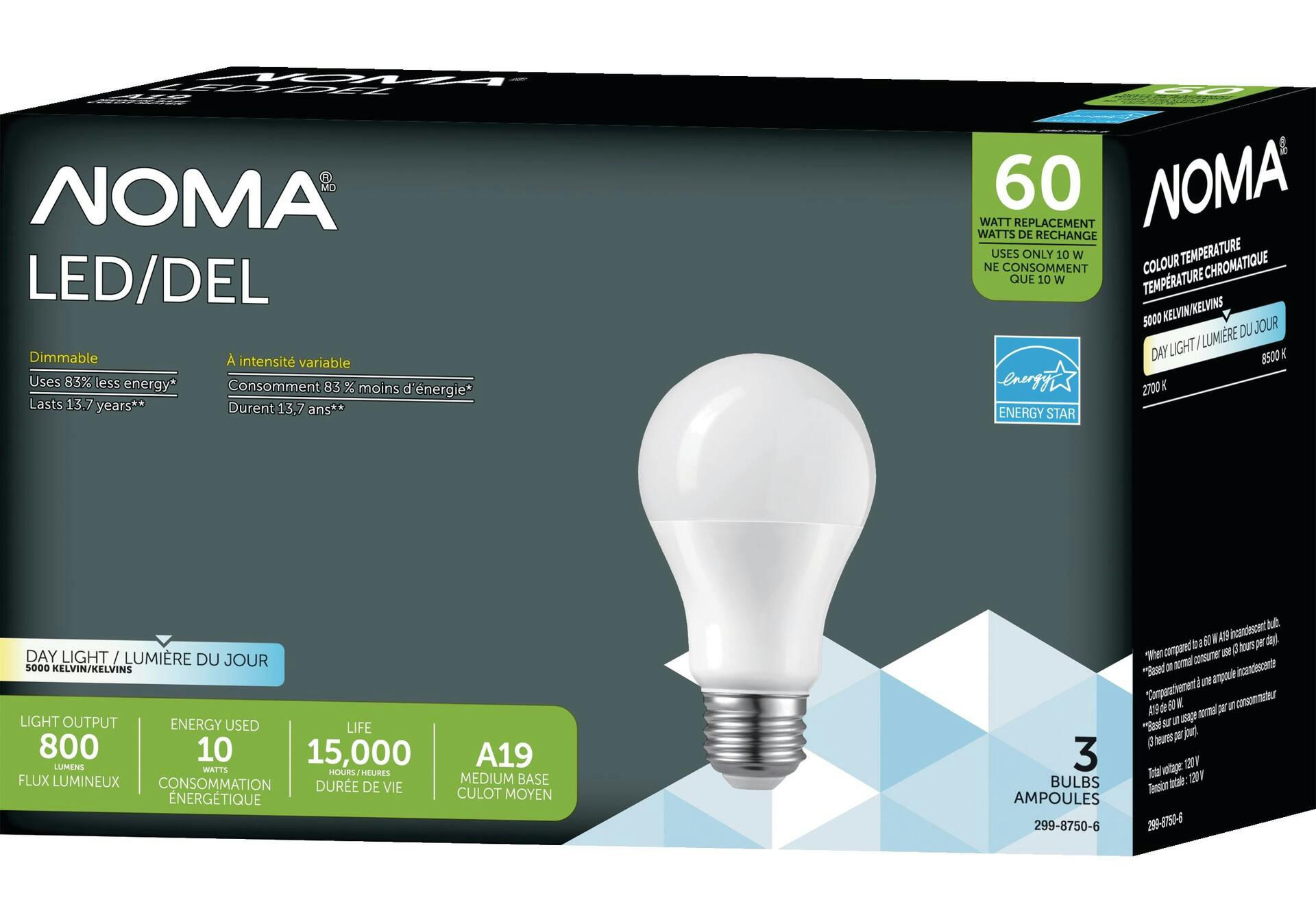 NOMA A19 E26 Base Dimmable LED Light Bulbs, 5000K, 800 Lumens, Daylight, 60W, 3-pk