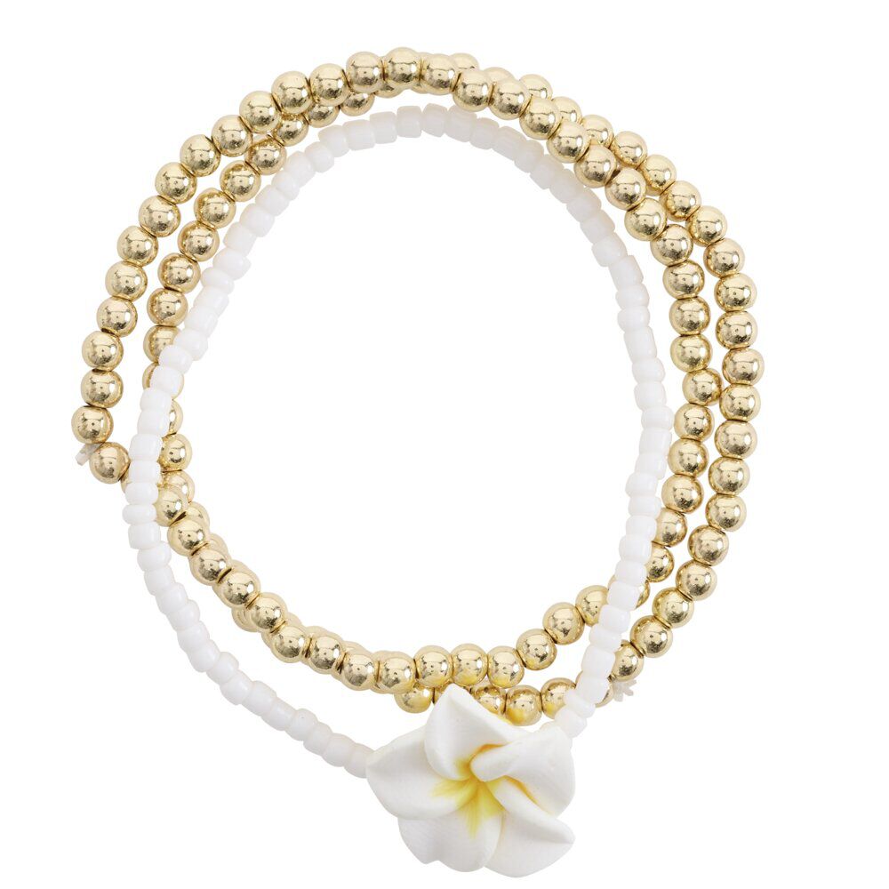 Bracelet x3 perles blanches et dorées avec fleur de tiaré
