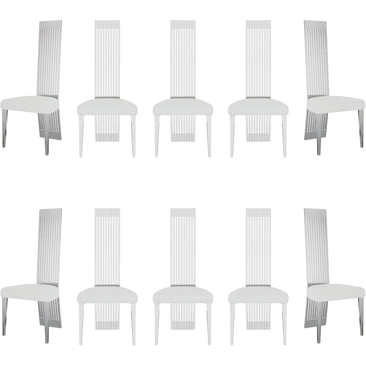 White Boucle and Silver Dining Chairs with Mirrored Silver Vertical Metal Tube Back