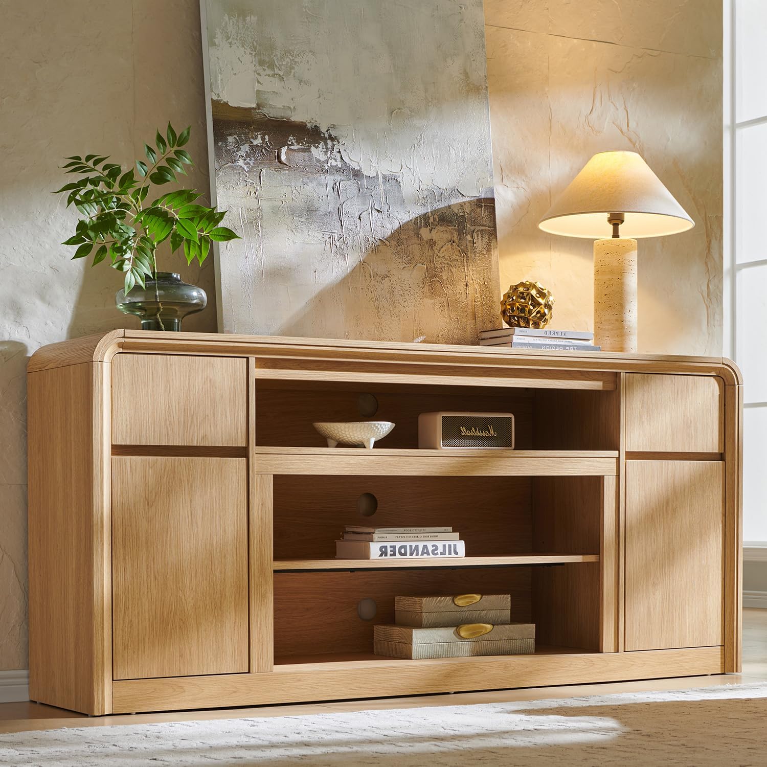 Modern TV Stand for 80 Inch TVs, 32Tall Entertainment Center w/Storage Cabinet& drawers, Media Console Cabinet w/Soundbar &Adjustable Shelves for Living Room, Curved Profile Design, 70 inch (Natural)