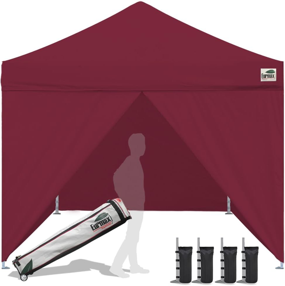 Eurmax USA 10 x 10 Pop up Canopy Commercial Tent Outdoor Instant Canopies Party Shelter with 4 Full Zippered Walls and Roller Bag Bonus Sand Bags(Burgundy)