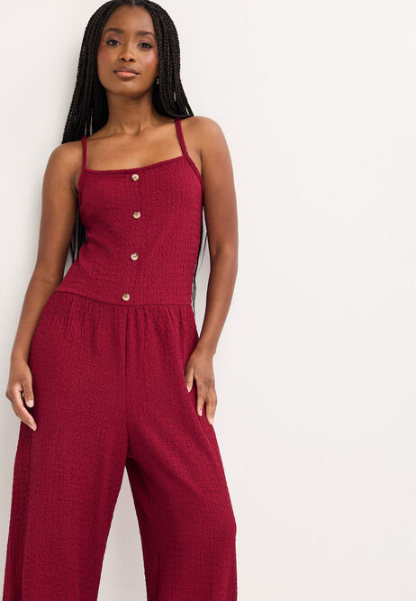 Womens Burgundy Textured Button Through Jumpsuit