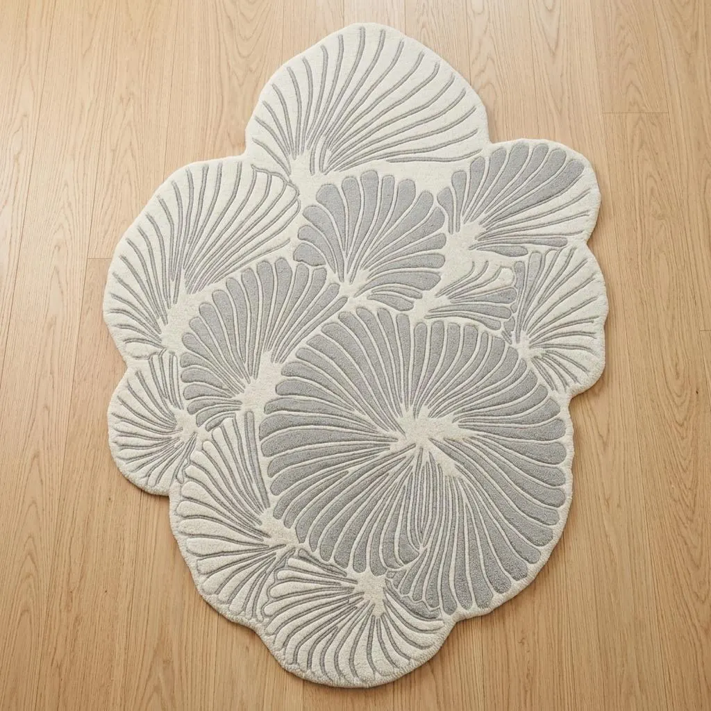 Hand Tufted Wool Rug, Abstract Floral Shape, Cream Grey Botanical Texture, Living Room Art