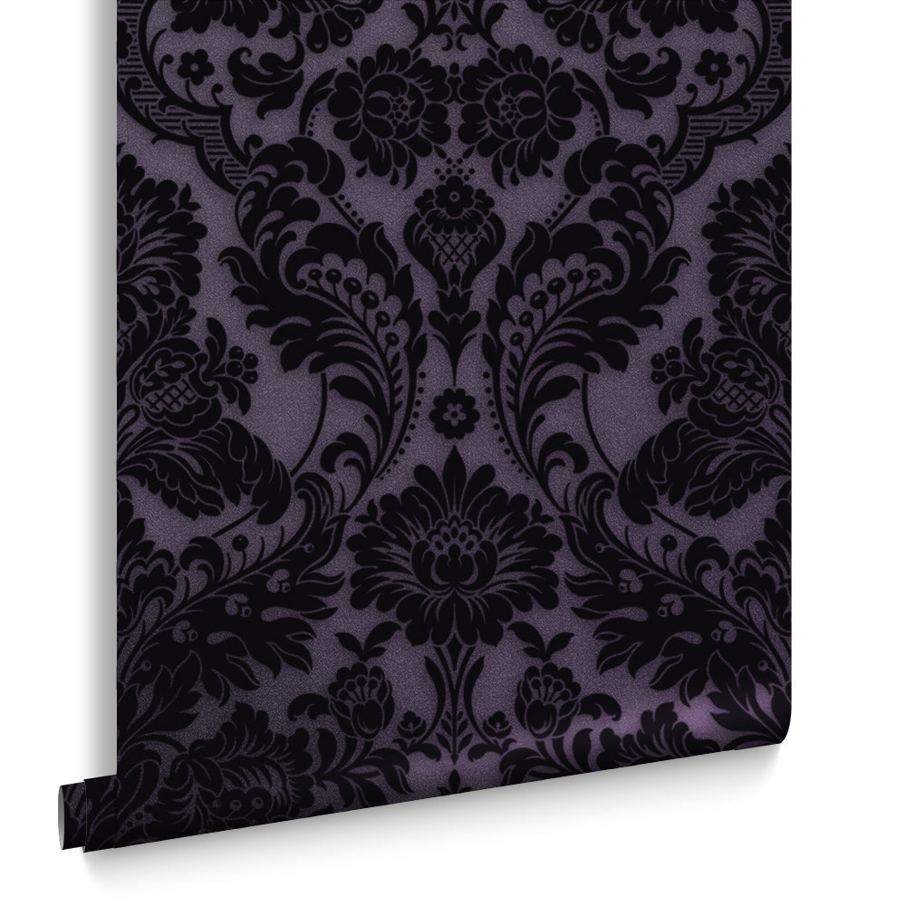 Graham & Brown Vliesbehang - Gothic Damask Flock Plum - 10mx52cm
