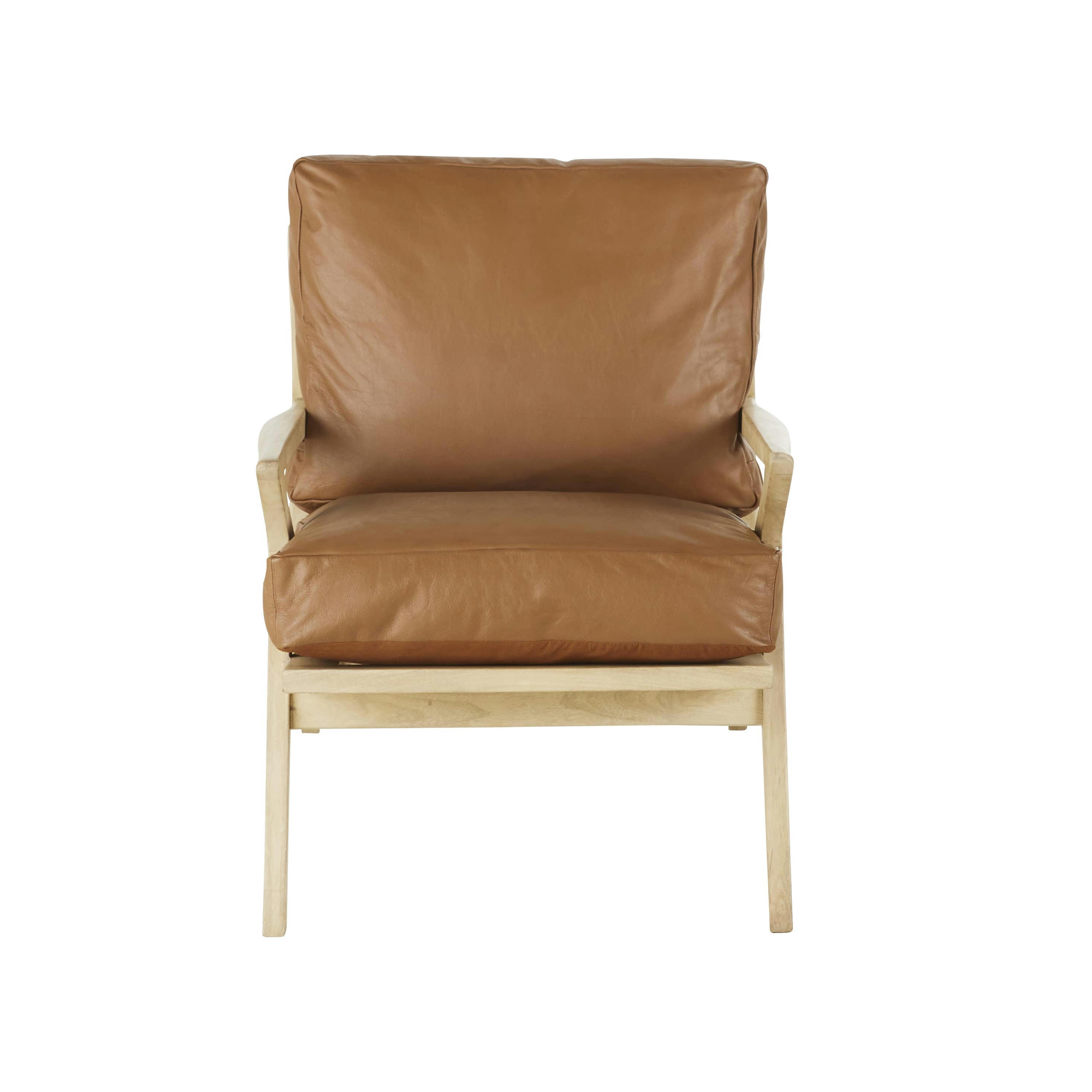 Indy - Fauteuil en cuir marron et bois de manguier