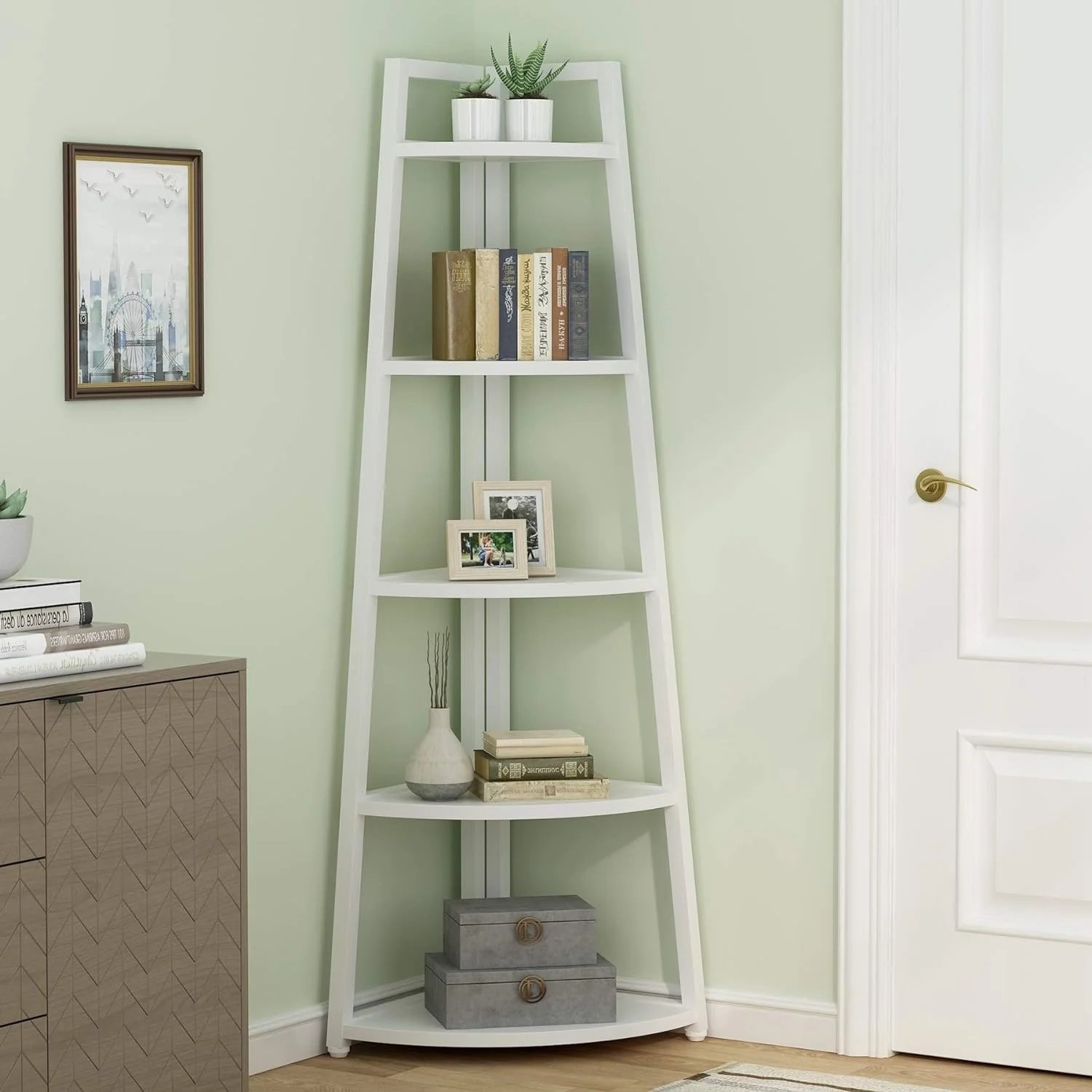 70 inch Tall Corner Shelf, 5 Tier Bookshelf Bookcase, Modern Corner Ladder Shelf Plant Stand for Living Room