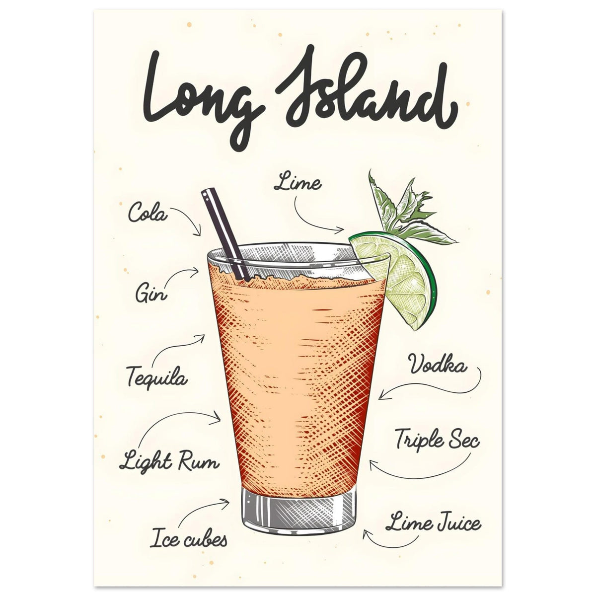 Artfulprints Long Island cocktail – Illustratie  poster A4 21x29.7 cm