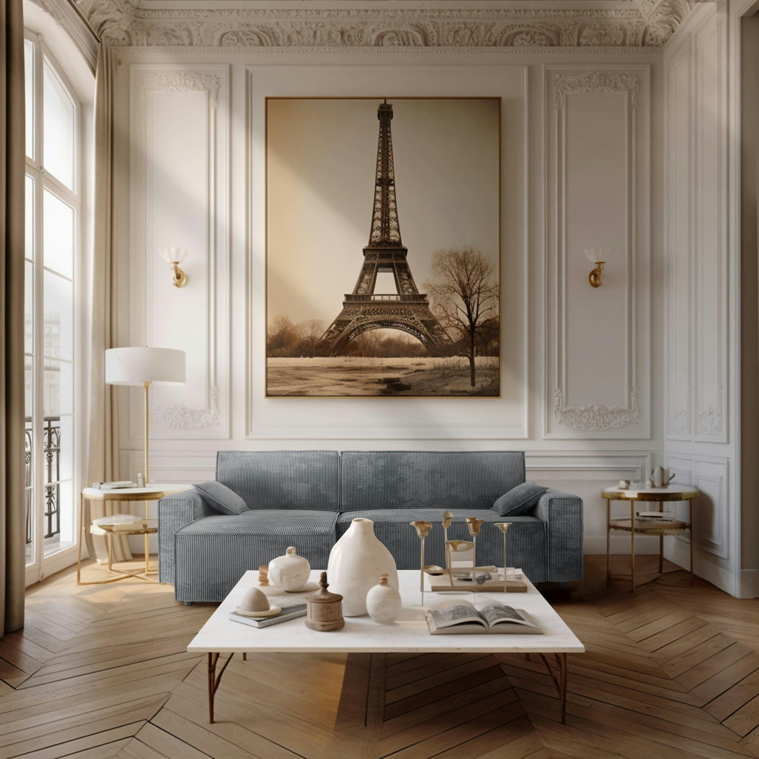 DURIF - Canapé d'angle convertible 4 places en velours côtelé gris souris